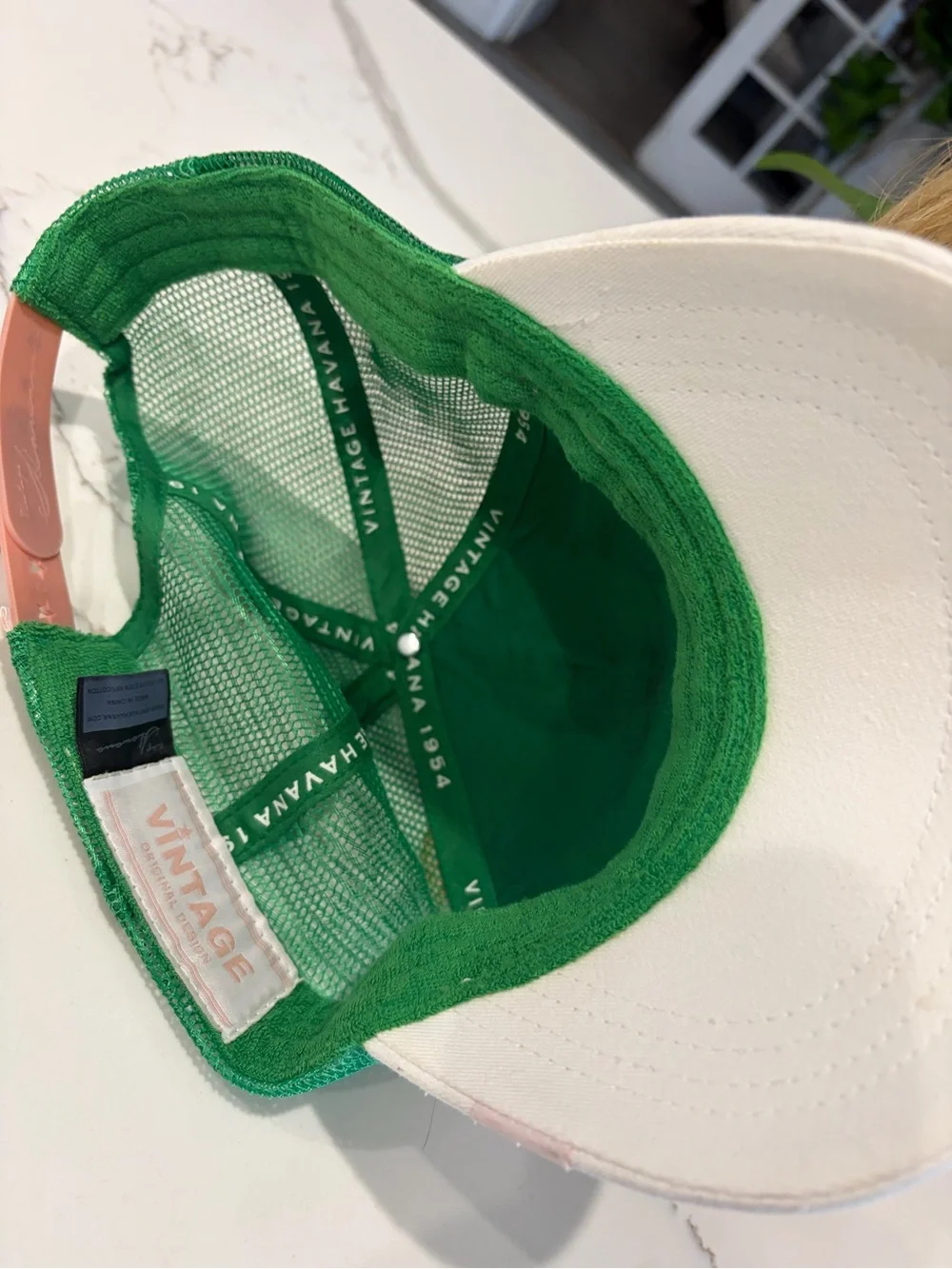 Vintage Havana White & Green Trucker Hat with Pink Star OS